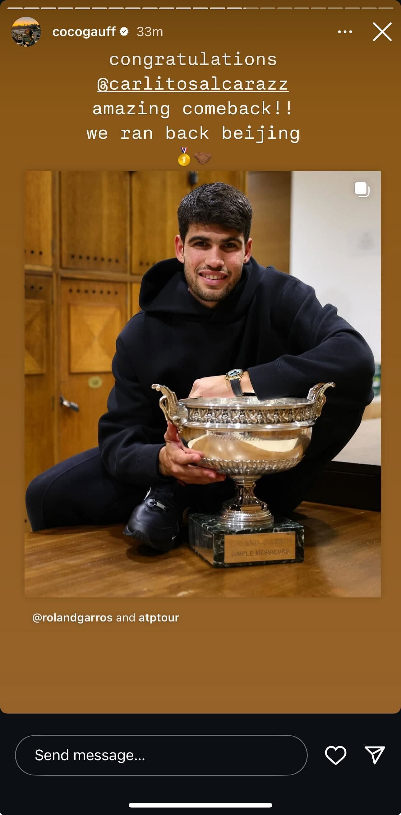 Gauff's Instagram Story congratulating Alcaraz on his successful French Open title defense (Source: Instagram/cocogauff)